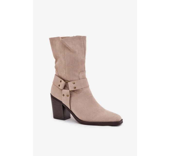 Dámské boty zateplené na podpatku s pásky a ozdobným detailem béžové Neria Dámské boty zateplené na podpatku s pásky a ozdobným detailem béžové Neria