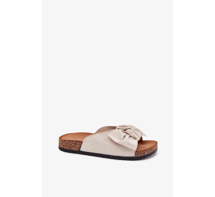 Dámské pantofle na korkové podešvi s mašlí – béžové