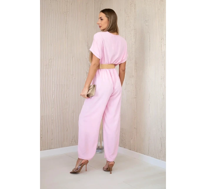 Kombinéza s ozdobným páskem v pase bonbónově růžová