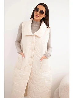 Dámská prošívaná dlouhá vesta s kapsami a stojáčkem světle béžová