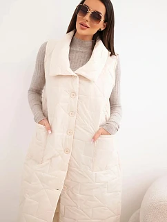 Dámská prošívaná dlouhá vesta s kapsami a stojáčkem světle béžová