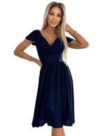 MATILDE - Tmavě modré dámské šaty s brokátem, výstřihem a krátkými rukávy 425-8