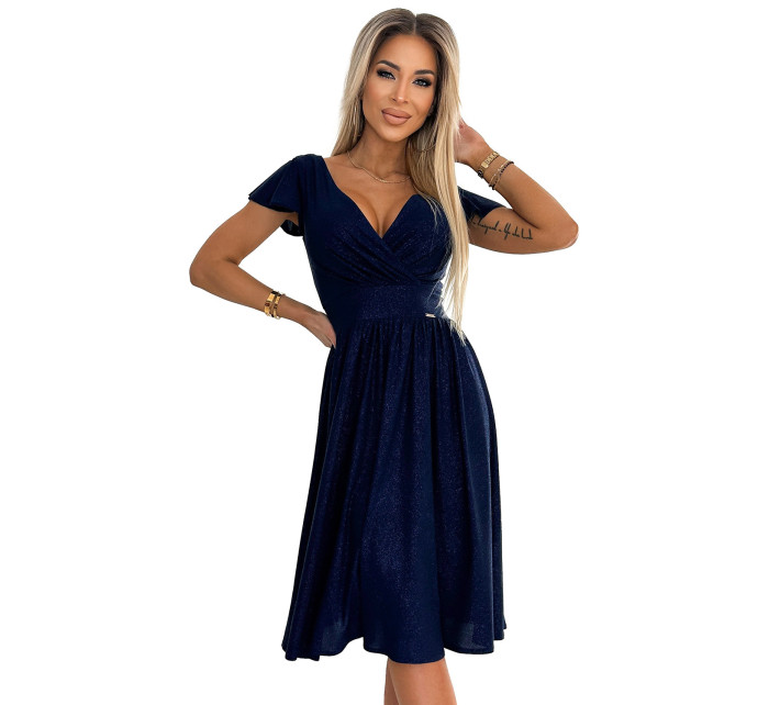 MATILDE - Tmavě modré dámské šaty s brokátem, výstřihem a krátkými rukávy 425-8