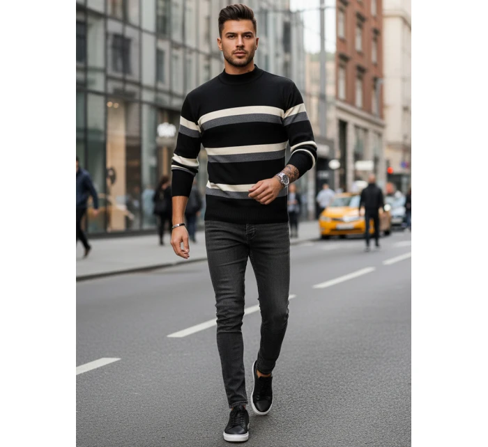 Pánský pruhovaný svetr s polovičním rolákem černý FashionStreet WX2127