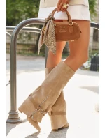 Dámské nazouvací kozačky na podpatku s ozdobným páskem Béžové model 21708858 - Boto