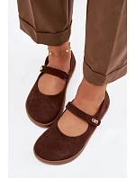 Kožené semišové baleríny Barefoot s páskem Zazoo 10206 Čokoládové