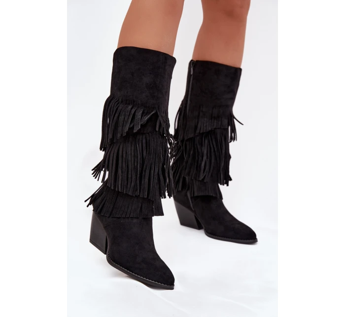 Dámské zateplené kovbojky s třásněmi Brivina – černé Dámské zateplené kovbojky s třásněmi Brivina – černé