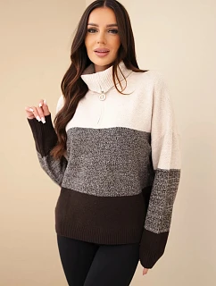 Svetr dámský s přídavkem model 22401379 s rolákem a zipem hnědý - K-Fashion