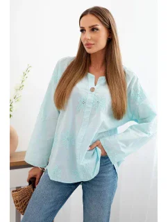 Košilová halenka s vyšívaným vzorem světle mátová