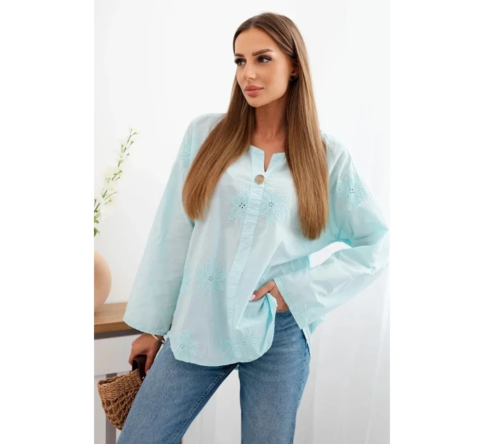 Košilová halenka s vyšívaným vzorem světle mátová