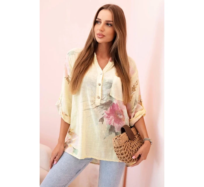 Dámská blůza z bavlny s květinovým vzorem a knoflíky žlutý