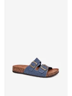 Dámské pantofle na korkové platformě s přezkami – tmavý denim