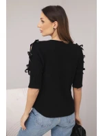 Dámský svetr s krátkým rukávem a ozdobnými mašličkami černý
