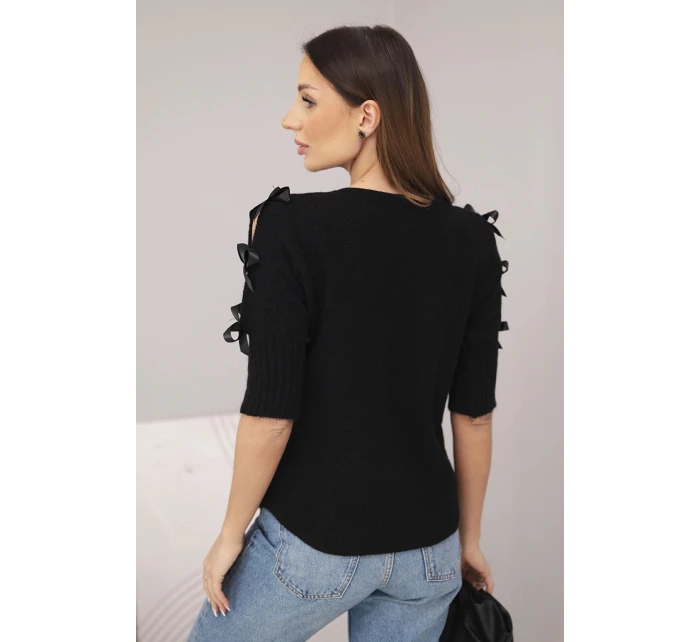 Dámský svetr s krátkým rukávem a ozdobnými mašličkami černý