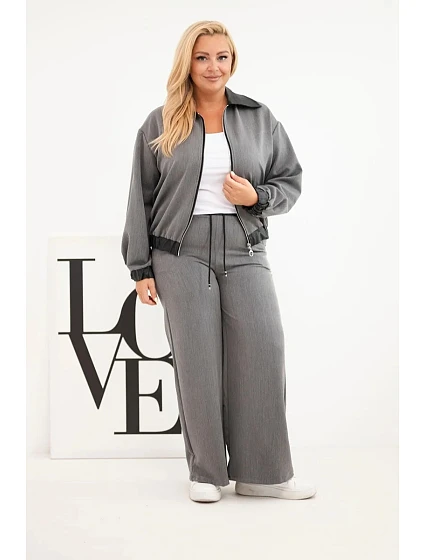 Dámský komplet Plus Size s mikinou na zip a širokými kalhotami grafitový