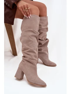 Dámské zateplené kozačky na podpatku Zazoo – béžové, pravý zamsz