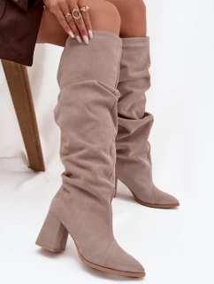 Dámské zateplené kozačky na podpatku Zazoo – béžové, pravý zamsz