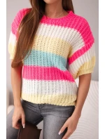 Dámský svetr s krátkým rukávem v barevných pruzích a otvorený růžový neon