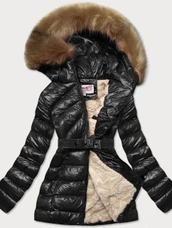 Černo-béžová lesklá zimní bunda s mechovitou kožešinovou podšívkou (w674)
