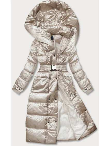 Dlouhá béžová dámská bunda s opaskem (AG1-J9090)