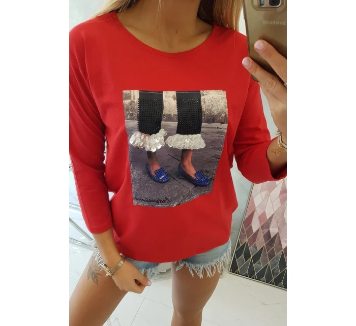 3D grafická halenka se zirkony červená