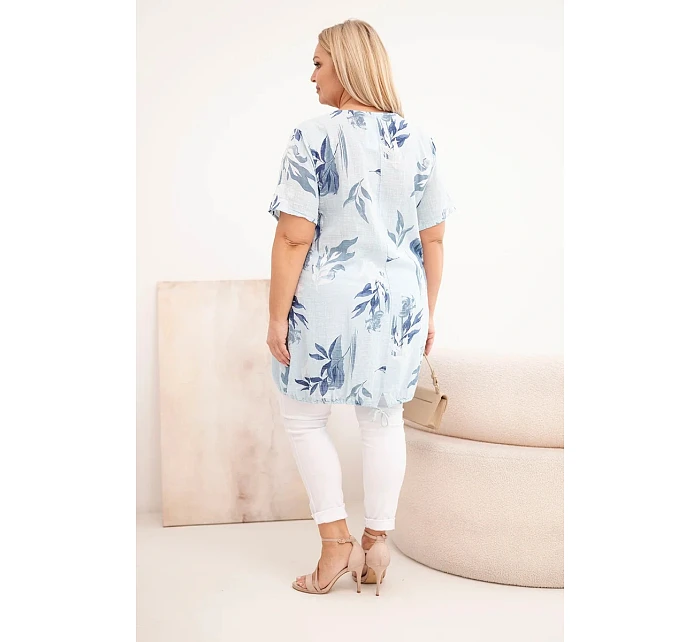 Dámská bavlněná halenka Plus Size s krátkým rukávem a zavazováním dole modrá