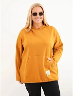 Dámská plus size viskózová mikina s kapucí a klokánkou kapsou musztardová