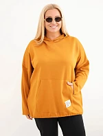 Dámská plus size viskózová mikina s kapucí a klokánkou kapsou musztardová