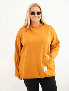Dámská plus size viskózová mikina s kapucí a klokánkou kapsou musztardová