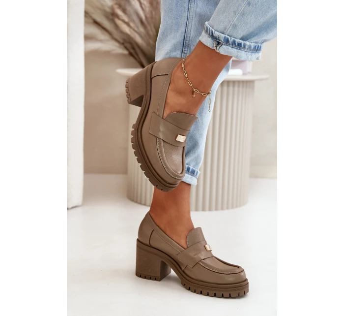 Zazoo 20168 Elegantní dámské polobotky na podpatku z pravé kůže tmavě béžové