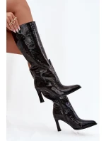 Zdobené Lakované Kozačky Dámské Na Podpatku model 21713951 Černé - D&A