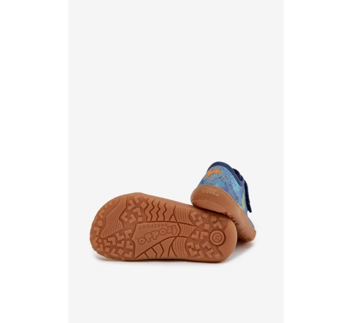 Dětské domácí pantofle Barefoot Dinosauři Froddo Canvas G1700440-15 Modré