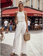 Dámské letní široké bílé plátěné kalhoty FashionStreet UY3080 Dámské letní široké bílé plátěné kalhoty FashionStreet UY3080