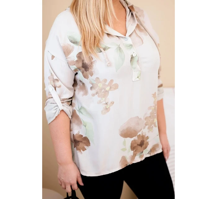 Dámská blůza Plus Size z viskózy s kapucí a květinovým vzorem béžová