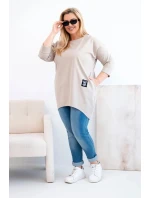 Dámská blůza Plus Size s delším zadním dílem a dlouhým rukávem tmavě béžová