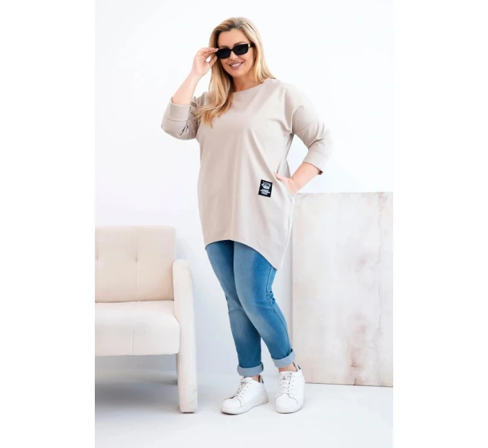 Dámská blůza Plus Size s delším zadním dílem a dlouhým rukávem tmavě béžová