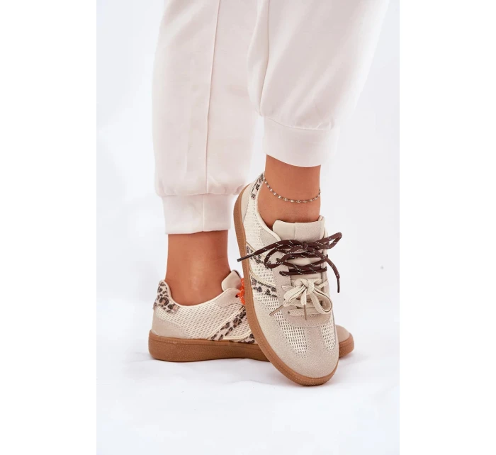 Dámské tenisky s dvojitým šněrováním – béžové s panterím vzorem