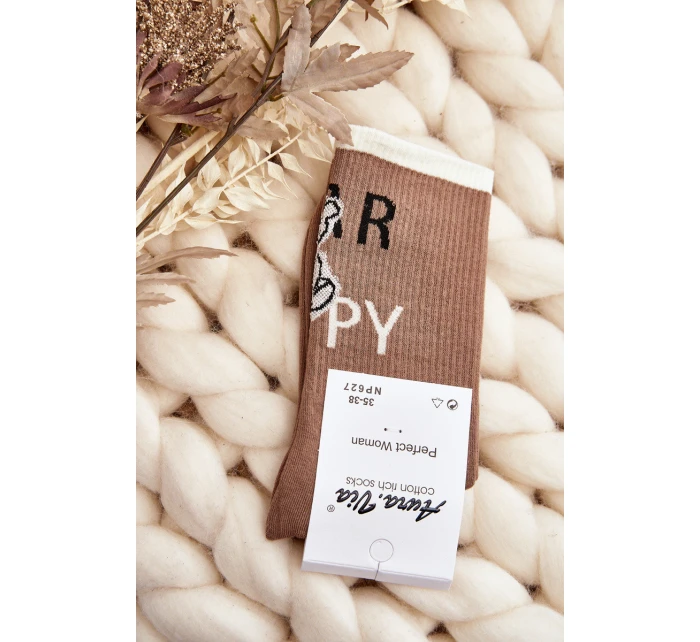 Dámské bavlněné ponožky s nápisem a medvídkem světle hnědé