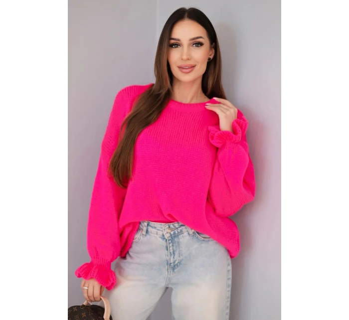Dámský svetr s příměsí mohéru a vlny volného střihu neonově růžový