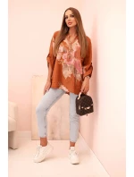 Dámská bavlněná blůza s květinovým vzorem a knoflíky rudá