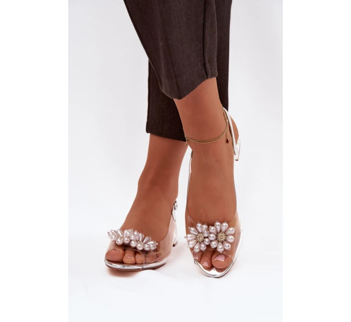 Průhledné sandály na nízkém podpatku s ozdobnými detaily D&A MR52-229 stříbrné Průhledné sandály na nízkém podpatku s ozdobnými detaily D&A MR52-229 stříbrné