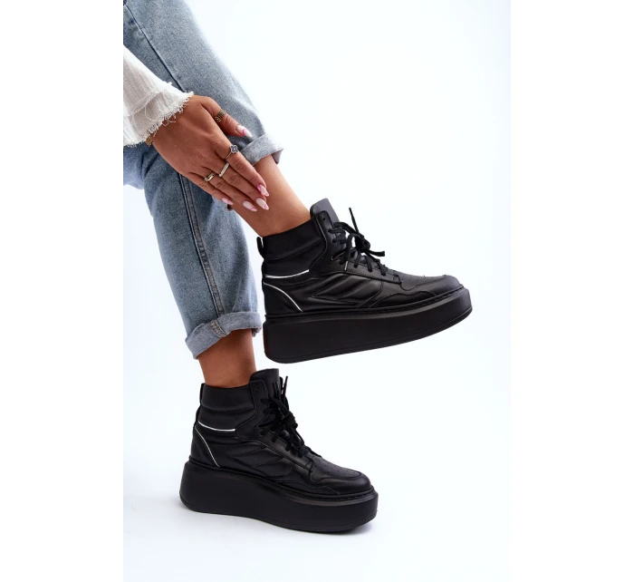 model 21647202 Dámské Kožené Sportovní Boty na Platformě Černé - Zazoo