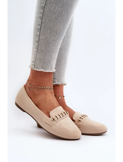 Lesklé dámské mokasíny s řetízkem béžové model 21656883 - Boto