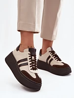 Kožené dámské tenisky na platformě Zazoo 3775 béžově-čokoládové