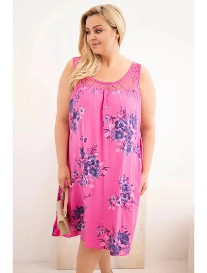 Dámské šaty Plus Size z viskózy s květinovým vzorem a krajkovým vrškem růžová Dámské šaty Plus Size z viskózy s květinovým vzorem a krajkovým vrškem růžová
