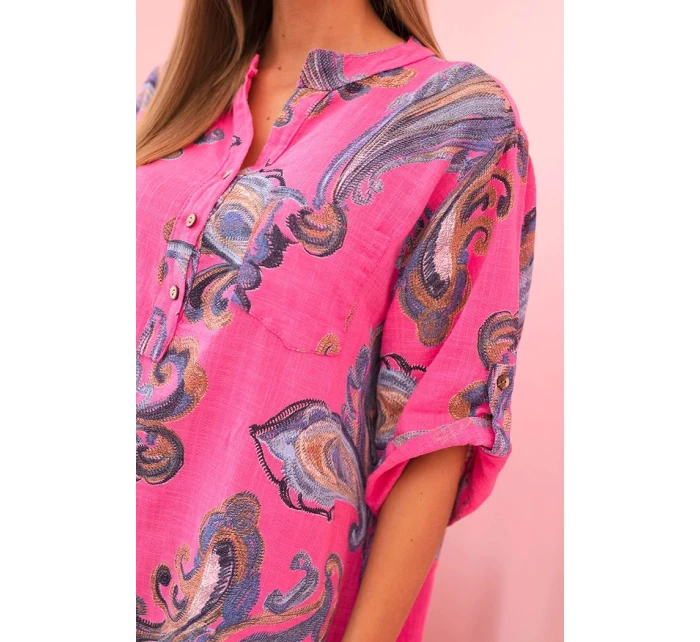 Dámská bavlněná blůza s ozdobným potiskem a ohrnutými rukávy růžová