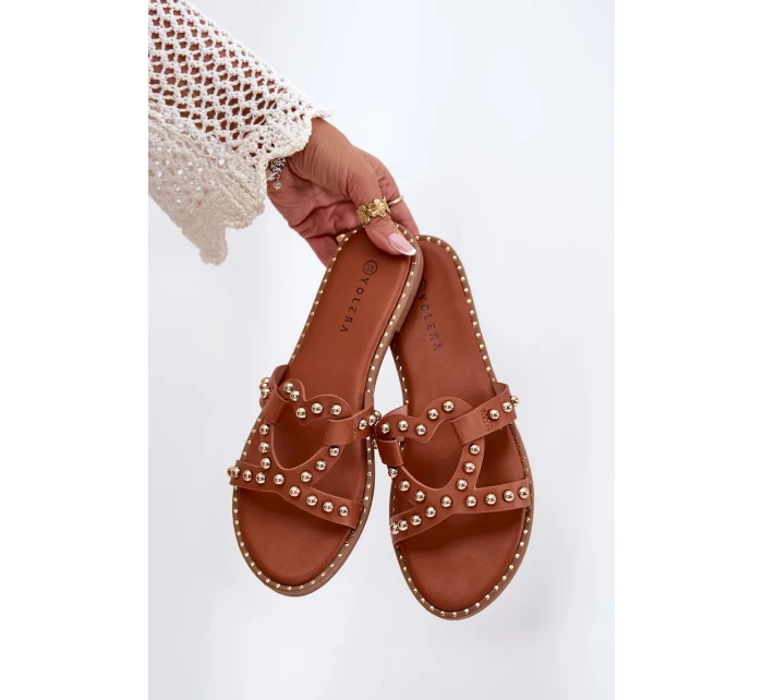 Dámské zdobené ploché pantofle – camel Adivrae