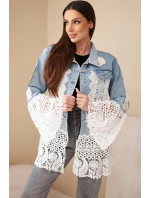 Dámská džínová bunda z bavlny a květinovou krajkou světle džínová