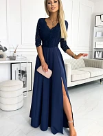 309-6 AMBER elegantní krajkové dlouhé šaty s výstřihem - ZELENÉ