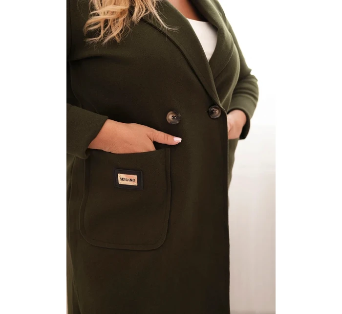 Dámský elegantní plášť Plus Size s límcem a velkými kapsami khaki